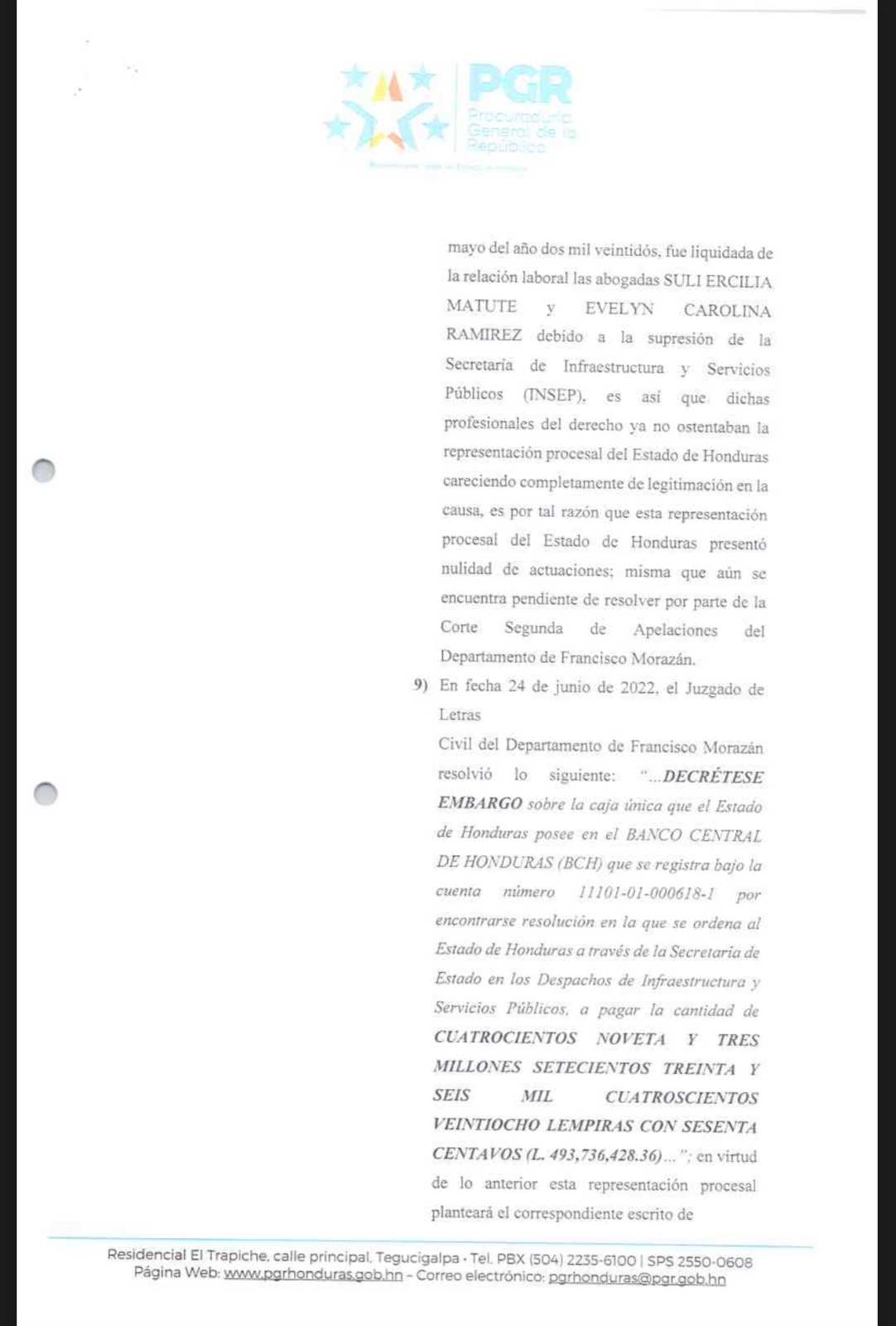 Informe remitido por parte de la PGR